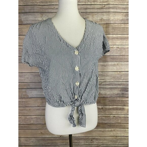 Universal Thread Small Cropped Tie Front Blouse Blue White Stripe Button Front - Picture 1 of 9